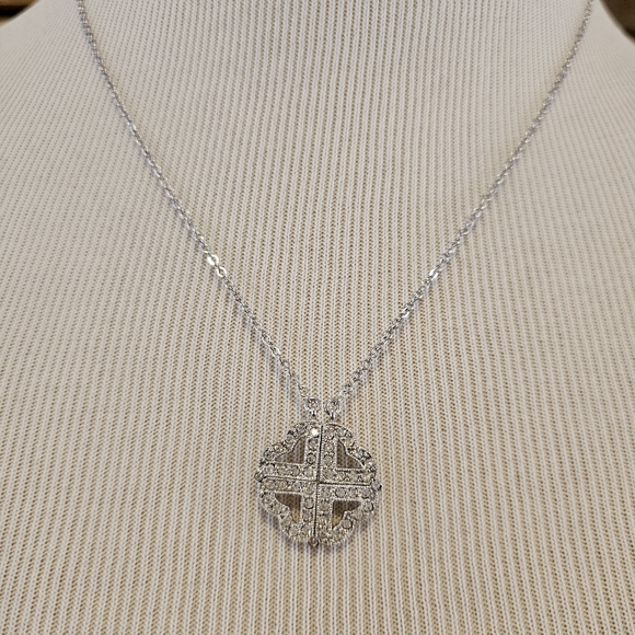 Jewelry - Silvertone Magnetic 4 Leaf Clover/4 Heart Necklace W/ Clear Rhinestones